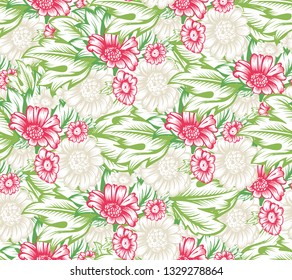 Seamless pattern with Flowers. The drawing for light summer fabrics or wrapping paper. Hand-drawn illustration. Vector.
