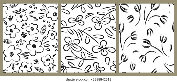 Seamless pattern with flowers drawn with black brush strokes. Monochrome handmade botanical ornament lineart. Ink paints simple flowers, leaves, strokes. Floral elements on white background