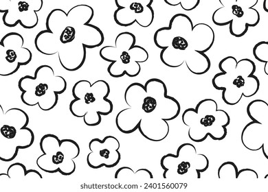 Seamless pattern with flowers drawn with black brush strokes. Monochrome handmade botanical ornament lineart. Ink paints simple flowers, leaves, strokes. Floral elements on white background