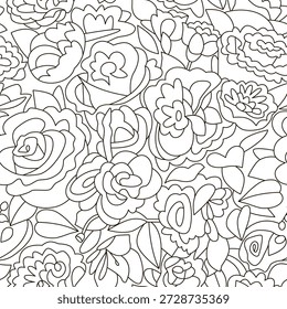 seamless pattern of flowers drawn in black outline on white background. abstract linear plant background for textile or paper design. stock vector illustration. EPS 10.