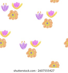 Seamless pattern of flowers drawn with crayon or chalk texture