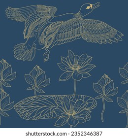 Seamless pattern with flowers and duck. Textile background, line graphics.