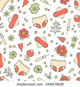 Seamless pattern with flowers and eco friendly menstrual products: cloth pads, period panties, menstrual cup and compostable organic tampons. Vector illustration in flat style.  