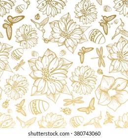 Seamless pattern flowers, egg, butterflies, hummingbirds, gold background. Gold floral,  elements, flower line, thread pattern, seamless lace. Spring, summer theme. Packaging gifts Greetings