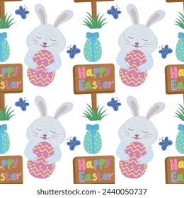 Seamless pattern with flowers, eggs and rabbits for Easter, vector illustration. Easter vector pattern with rabbit, butterfly, eggs.