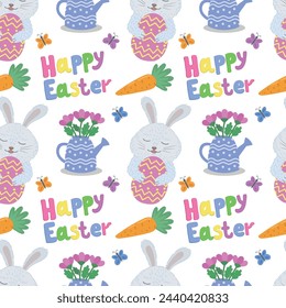 Seamless pattern with flowers, eggs and rabbits for Easter, vector illustration. Easter vector pattern with rabbit, butterfly, eggs.