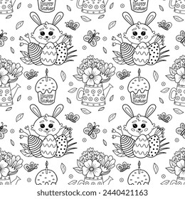 Seamless pattern with flowers, eggs and rabbits for Easter, vector illustration. Easter vector pattern with rabbit, butterfly, eggs, cake.