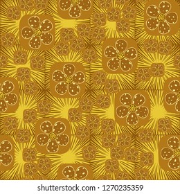 Seamless pattern. Flowers enclosed in oval squares. The colors of gold. Background consisting of square suns.