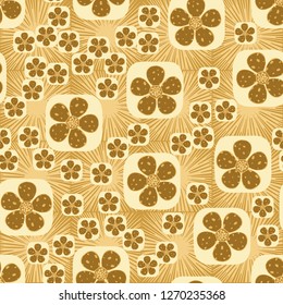 Seamless pattern. Flowers enclosed in oval squares. The colors of gold. Background consisting of square suns.