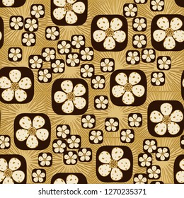 Seamless pattern. Flowers enclosed in oval squares. The colors of gold. Background consisting of square suns.