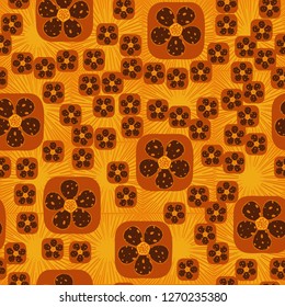 Seamless pattern. Flowers enclosed in oval squares. The colors of gold. Background consisting of square suns.