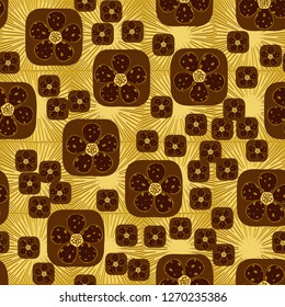 Seamless pattern. Flowers enclosed in oval squares. The colors of gold. Background consisting of square suns.