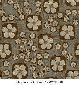 Seamless pattern. Flowers enclosed in oval squares. The colors of gold. Background consisting of square suns.