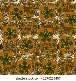 Seamless pattern. Flowers enclosed in oval squares. The colors of gold. Background consisting of square suns.