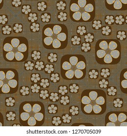 Seamless pattern. Flowers enclosed in oval squares. The colors of gold. Background made up of intersecting textures.