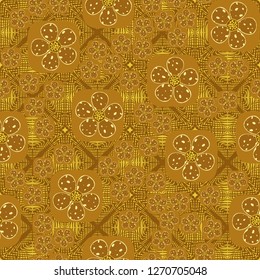 Seamless pattern. Flowers enclosed in oval squares. The colors of gold. Background made up of intersecting textures.