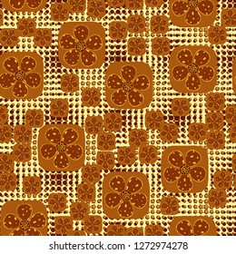Seamless pattern. Flowers enclosed in oval squares. The colors of gold. Background consisting of rows of five-pointed stars.