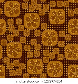 Seamless pattern. Flowers enclosed in oval squares. The colors of gold. Background consisting of rows of five-pointed stars.