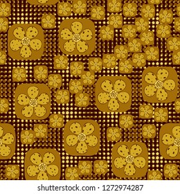 Seamless pattern. Flowers enclosed in oval squares. The colors of gold. Background consisting of rows of five-pointed stars.