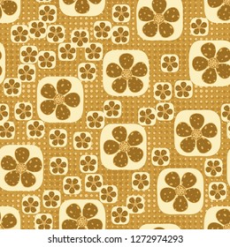 Seamless pattern. Flowers enclosed in oval squares. The colors of gold. Background consisting of rows of five-pointed stars.