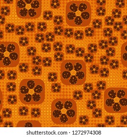 Seamless pattern. Flowers enclosed in oval squares. The colors of gold. Background consisting of rows of five-pointed stars.