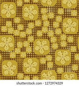 Seamless pattern. Flowers enclosed in oval squares. The colors of gold. Background consisting of rows of five-pointed stars.