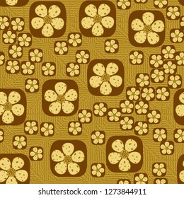 Seamless pattern. Flowers enclosed in oval squares. The colors of gold. Background consisting of wavy lines.