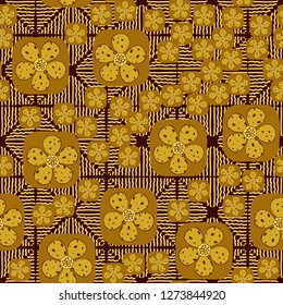 Seamless pattern. Flowers enclosed in oval squares. The colors of gold. Background consisting of wavy lines.