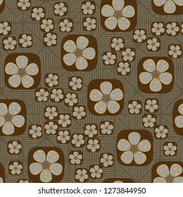 Seamless pattern. Flowers enclosed in oval squares. The colors of gold. Background consisting of wavy lines.