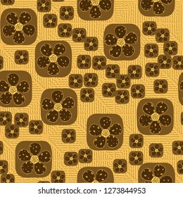 Seamless pattern. Flowers enclosed in oval squares. The colors of gold. Background consisting of wavy lines.