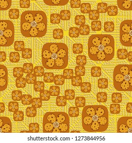 Seamless pattern. Flowers enclosed in oval squares. The colors of gold. Background consisting of wavy lines.