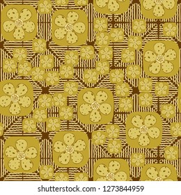 Seamless pattern. Flowers enclosed in oval squares. The colors of gold. Background consisting of wavy lines.