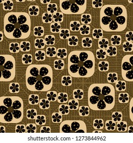 Seamless pattern. Flowers enclosed in oval squares. The colors of gold. Background consisting of wavy lines.