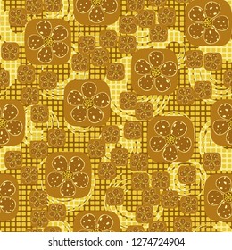Seamless pattern. Flowers enclosed in oval squares. The colors of gold. Checkered background under which there are circular brush strokes.