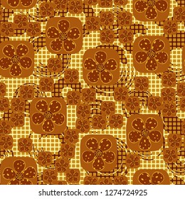 Seamless pattern. Flowers enclosed in oval squares. The colors of gold. Checkered background under which there are circular brush strokes.