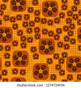 Seamless pattern. Flowers enclosed in oval squares. The colors of gold. Checkered background under which there are circular brush strokes.