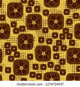 Seamless pattern. Flowers enclosed in oval squares. The colors of gold. Checkered background under which there are circular brush strokes.