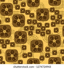 Seamless pattern. Flowers enclosed in oval squares. The colors of gold. Checkered background under which there are circular brush strokes.