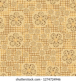 Seamless pattern. Flowers enclosed in oval squares. The colors of gold. Checkered background under which there are circular brush strokes.