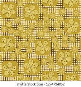 Seamless pattern. Flowers enclosed in oval squares. The colors of gold. Checkered background under which there are circular brush strokes.