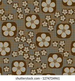 Seamless pattern. Flowers enclosed in oval squares. The colors of gold. Checkered background under which there are circular brush strokes.