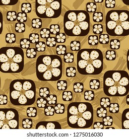 Seamless pattern. Flowers enclosed in oval squares. The colors of gold. Background consisting of lines and brush strokes.