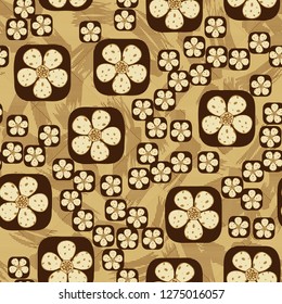 Seamless pattern. Flowers enclosed in oval squares. The colors of gold. Background consisting of lines and brush strokes.