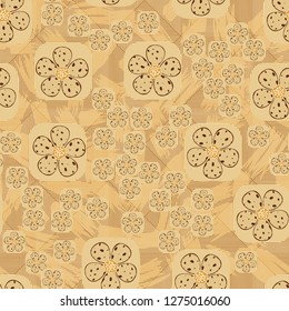 Seamless pattern. Flowers enclosed in oval squares. The colors of gold. Background consisting of lines and brush strokes.