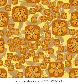 Seamless pattern. Flowers enclosed in oval squares. The colors of gold. Background consisting of lines and brush strokes.