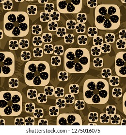 Seamless pattern. Flowers enclosed in oval squares. The colors of gold. Background consisting of lines and brush strokes.
