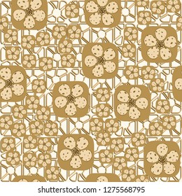 Seamless pattern. Flowers enclosed in oval squares. The colors of gold. The background is composed of abstract quadrilateral figures.