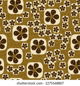 Seamless pattern. Flowers enclosed in oval squares. The colors of gold. The background is composed of abstract quadrilateral figures.