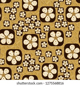 Seamless pattern. Flowers enclosed in oval squares. The colors of gold. The background is composed of abstract quadrilateral figures.