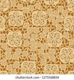 Seamless pattern. Flowers enclosed in oval squares. The colors of gold. The background is composed of abstract quadrilateral figures.